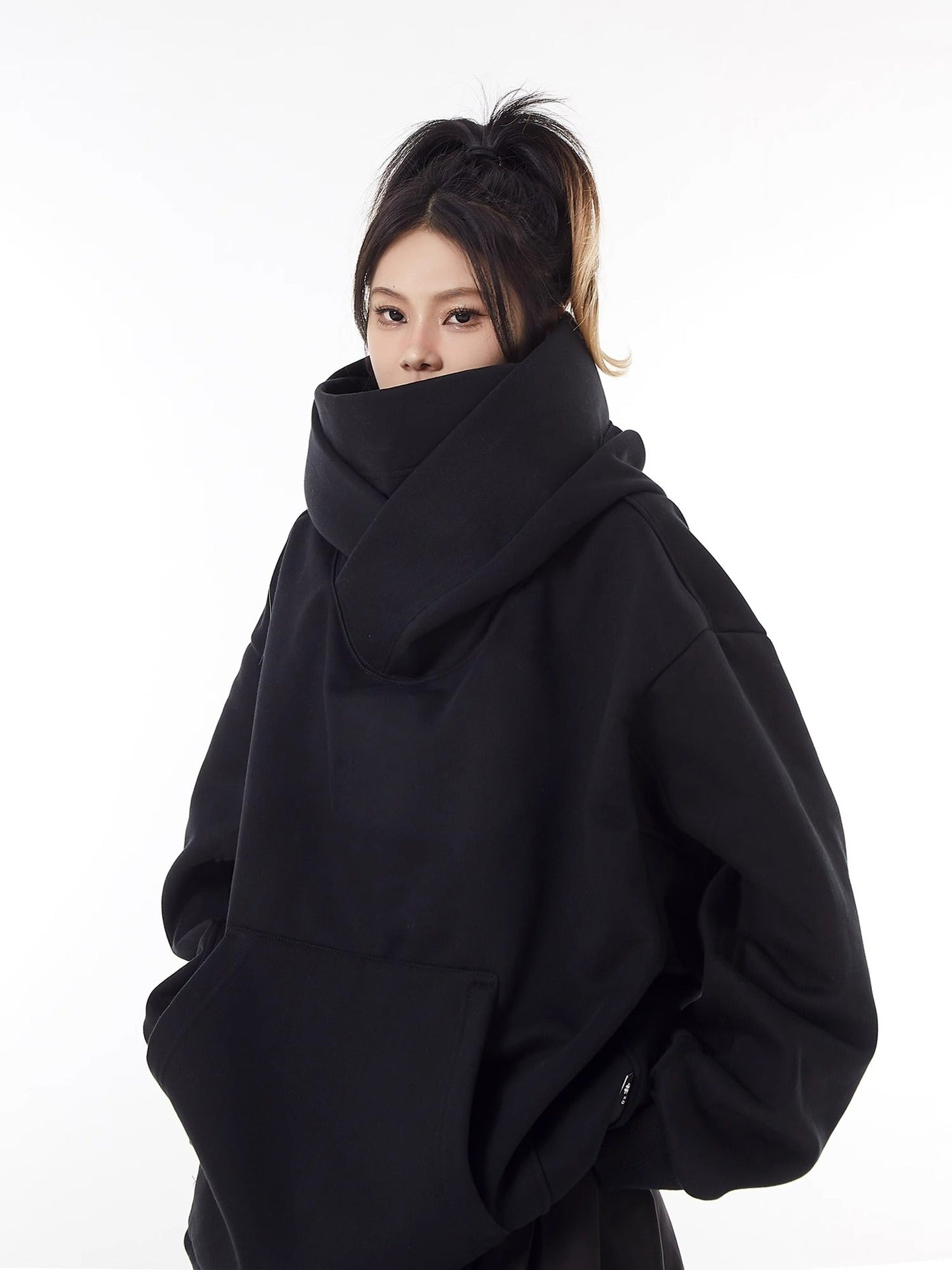 Loose High Collar Fleece Lined Hoodie